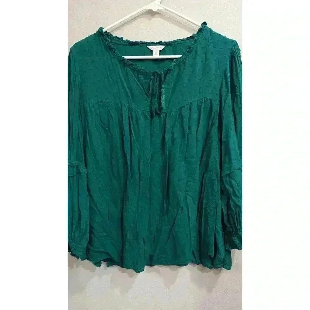 Women's long sleeve peasant type top w/Swiss  Polka Dots in green by Cato XL